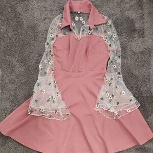 Pink Dress with Collar and Floral Sheer Sleeves | Size S